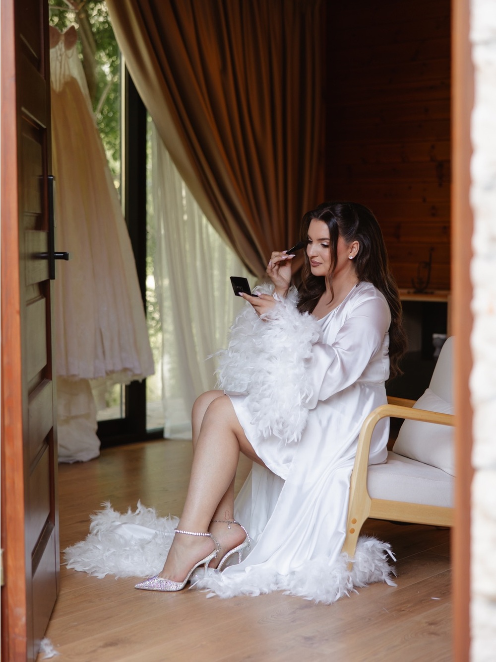 White Bridal Robe with Feather Trim - Elegant Wedding Loungewear